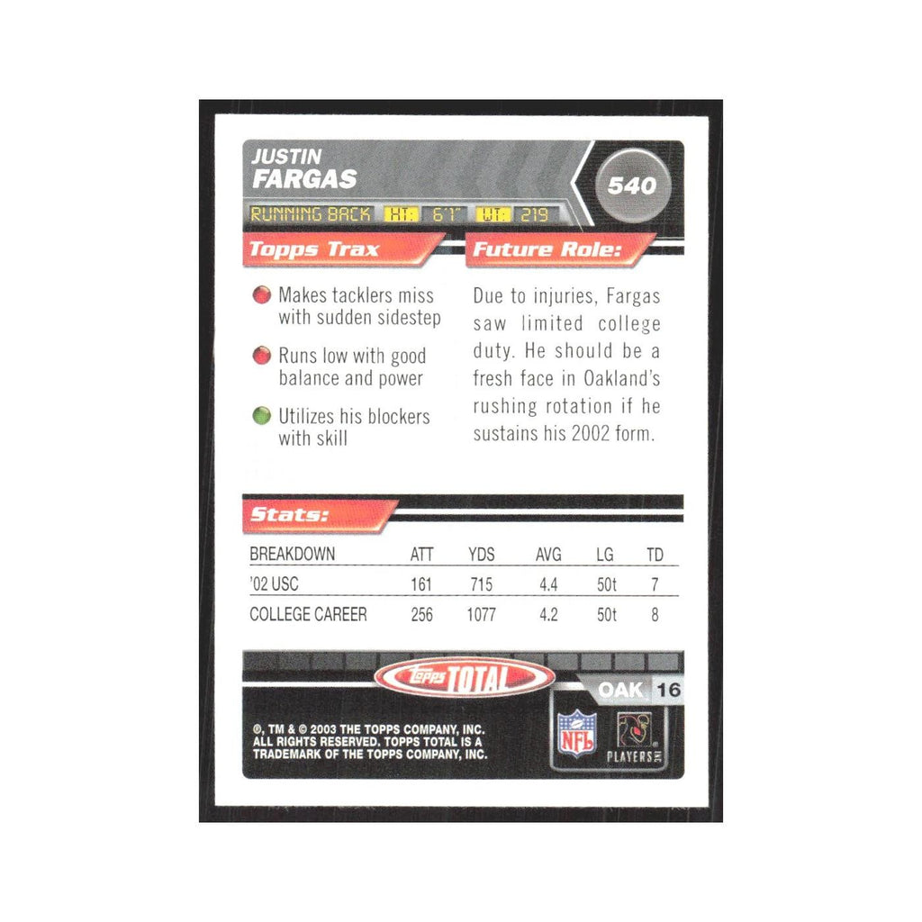 2003 Topps Total Justin Fargas RC Raiders #540
