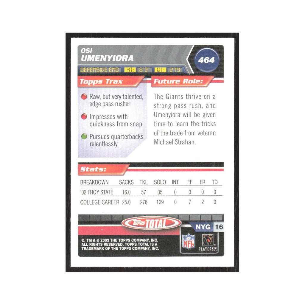 2003 Topps Total Osi Umenyiora RC Giants #464