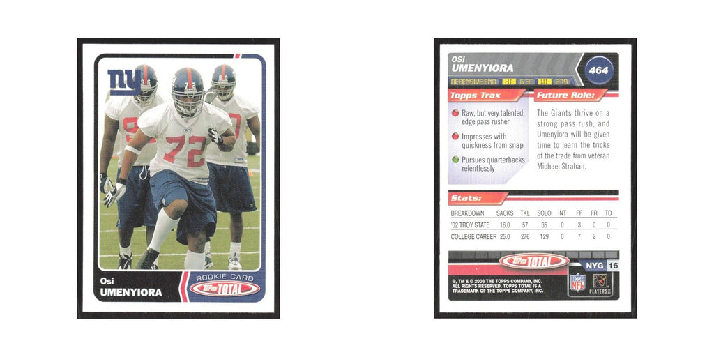 2003 Topps Total Osi Umenyiora RC Giants #464