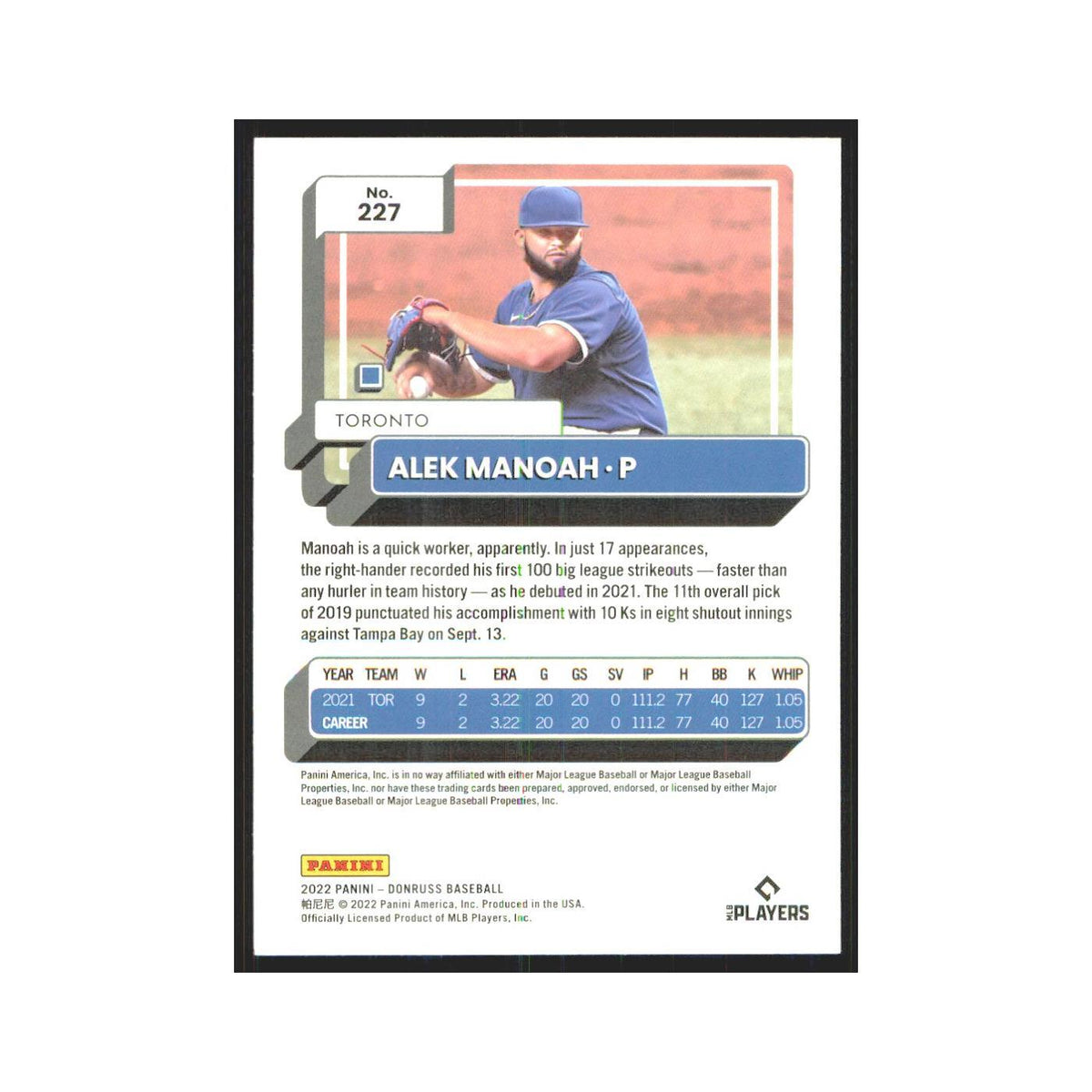 2022 Donruss Alek Manoah Blue Jays #227