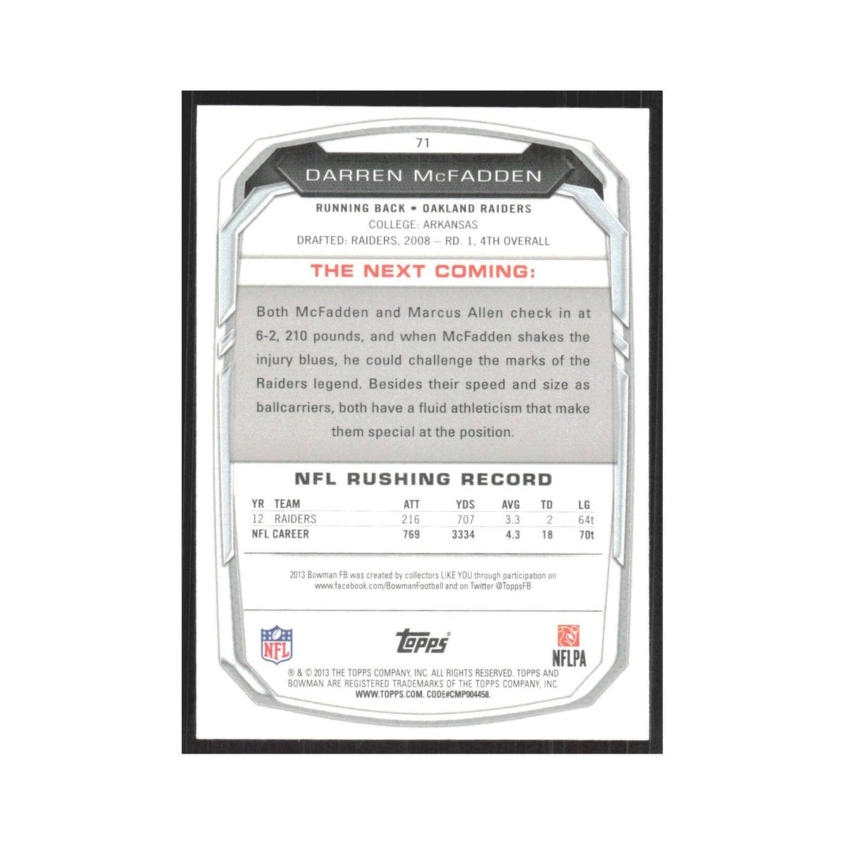 2013 Bowman Darren McFadden Raiders #71