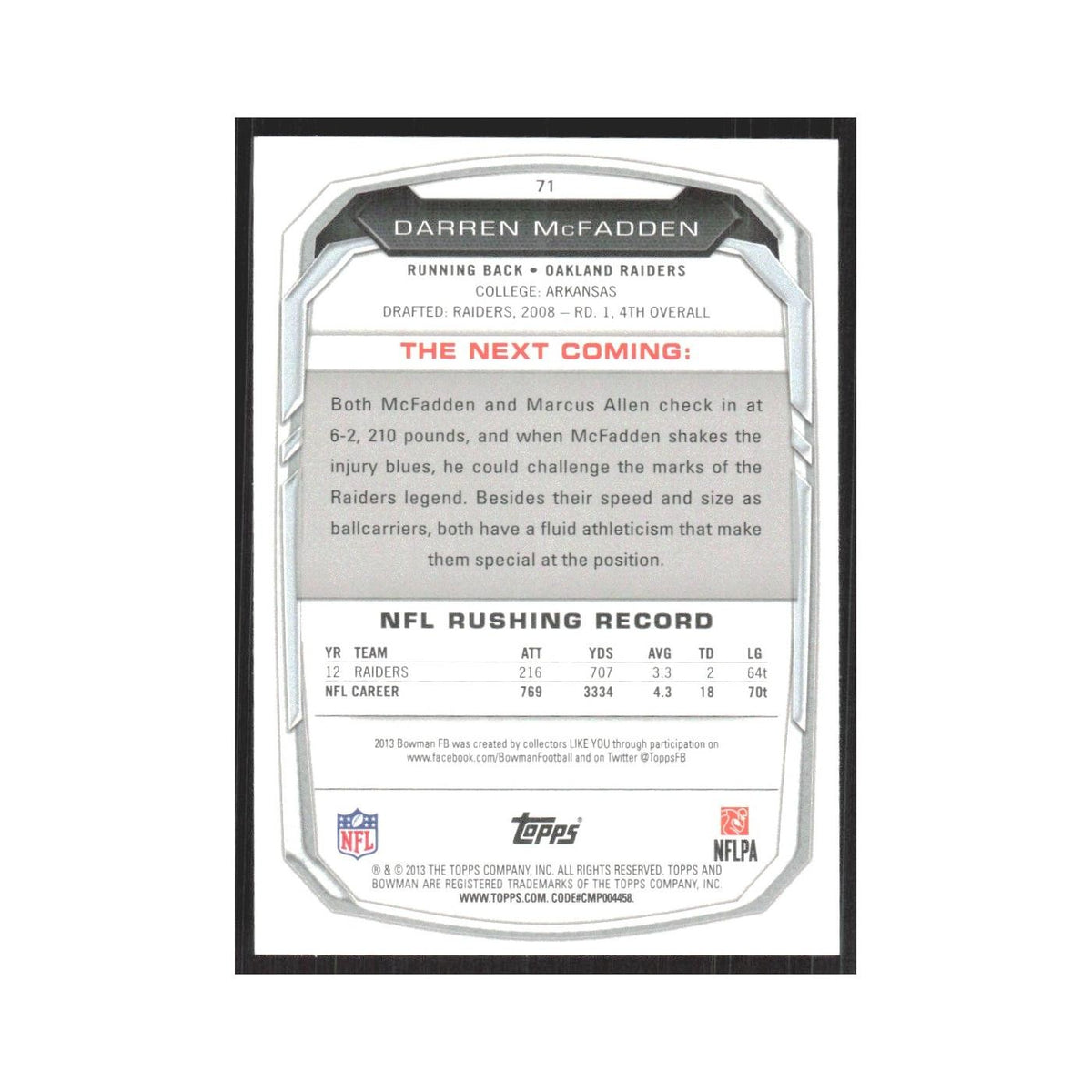 2013 Bowman Darren McFadden Raiders #71
