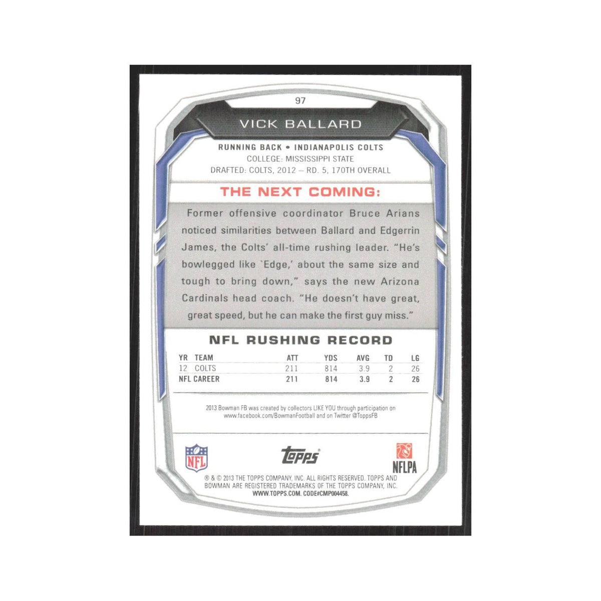 2013 Bowman Vick Ballard Colts #97