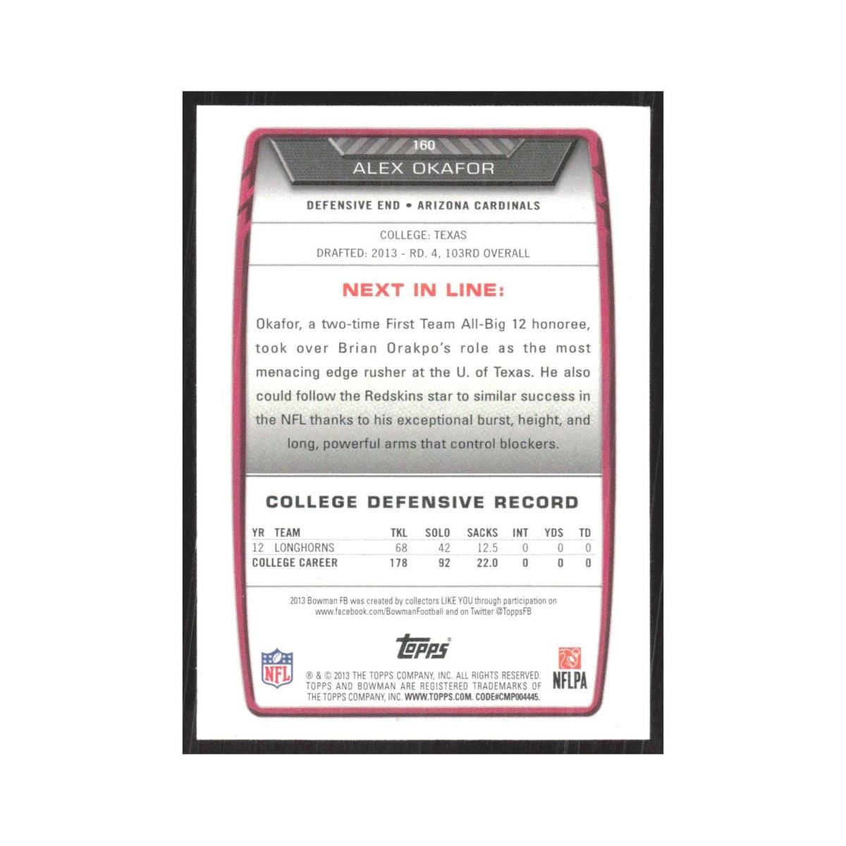 2013 Bowman Alex Okafor RC Cardinals #160
