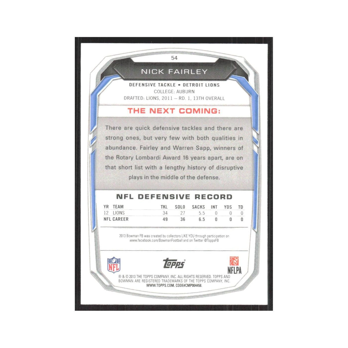 2013 Bowman Nick Fairley Lions #54