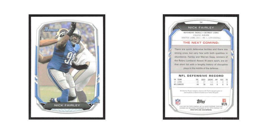 2013 Bowman Nick Fairley Lions #54