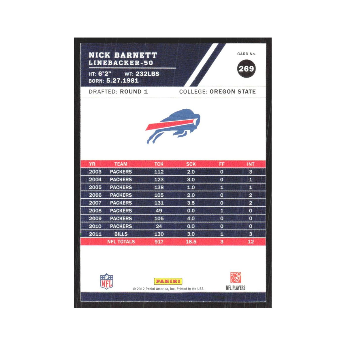 2012 Score Nick Barnett Bills #269