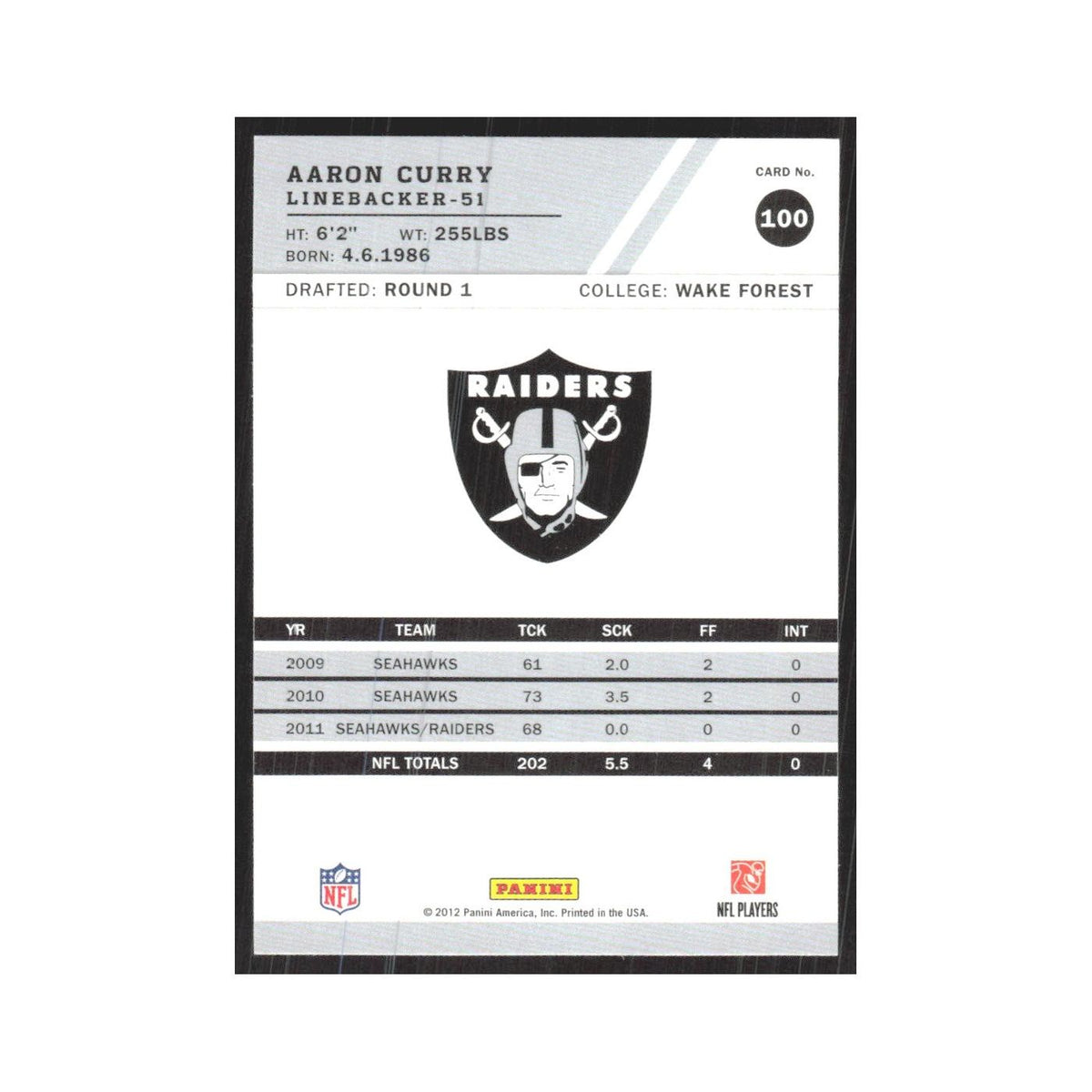 2012 Score Aaron Curry Raiders #100