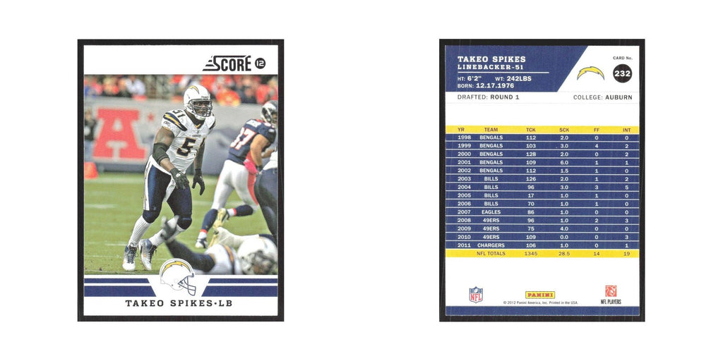 2012 Score Takeo Spikes San Diego Chargers #232