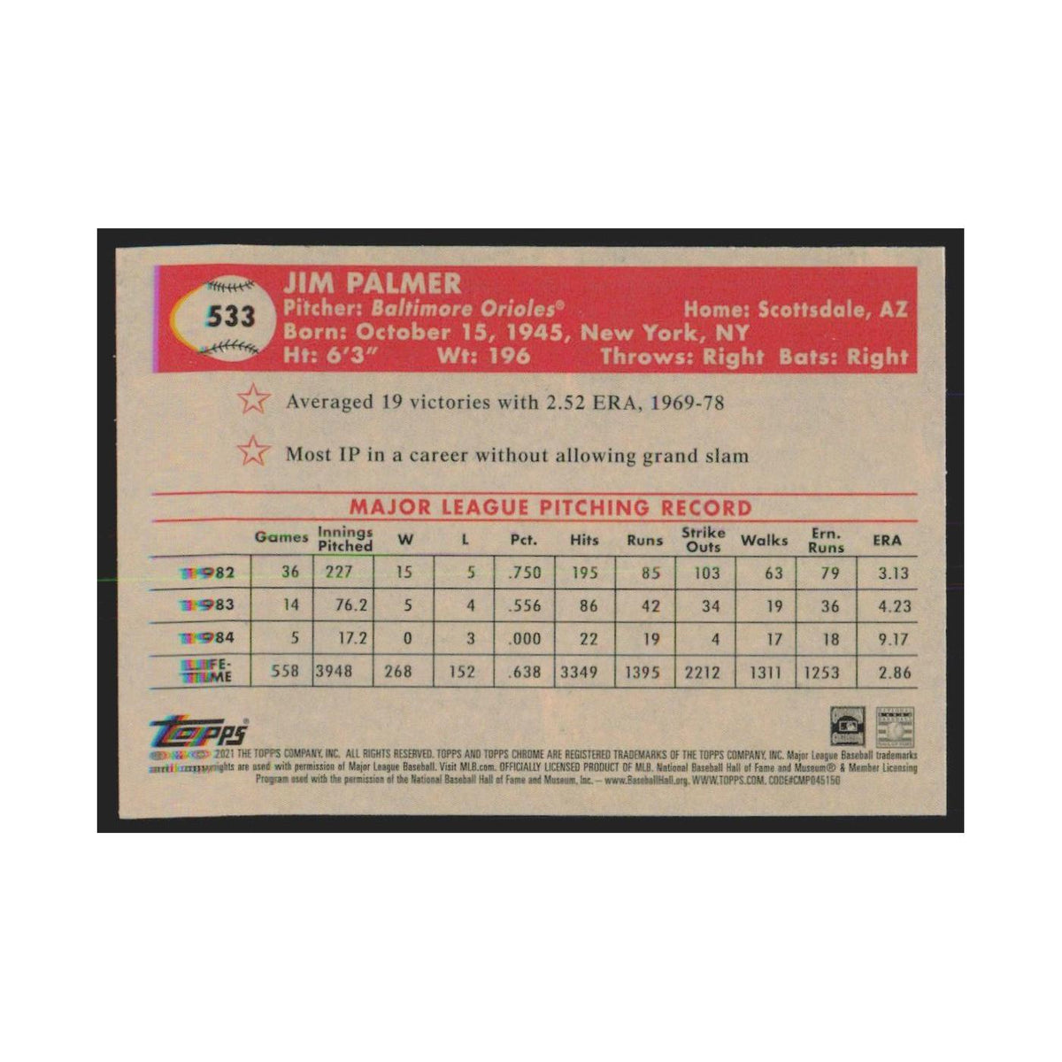 2021 Topps Chrome Jim Palmer Orioles #533