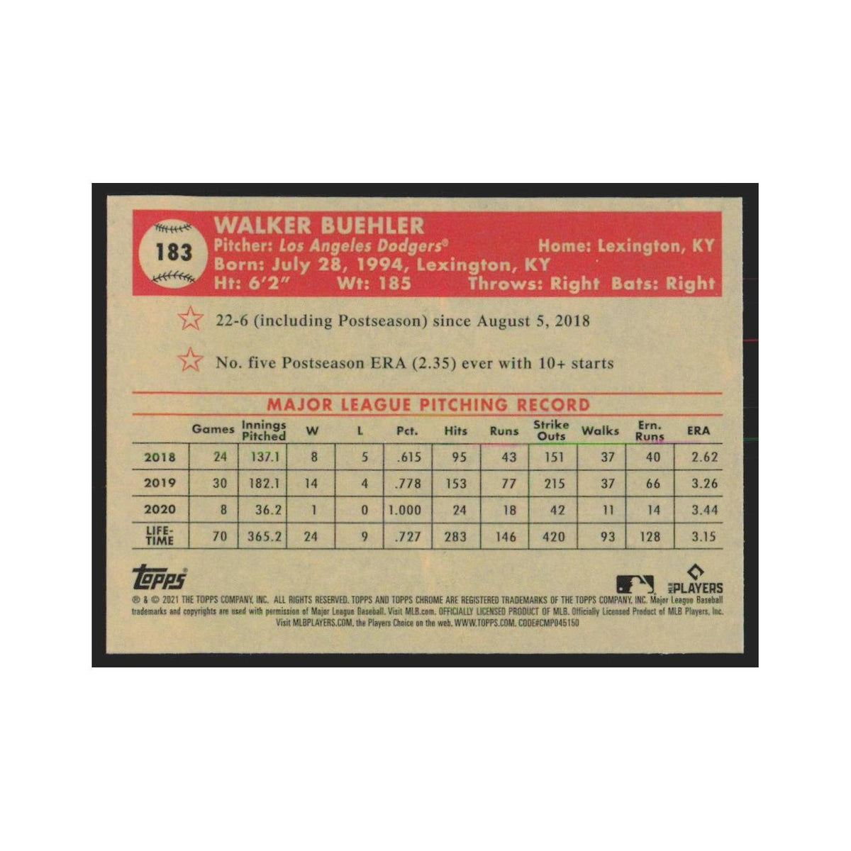 2021 Topps Chrome Walker Buehler Dodgers #183