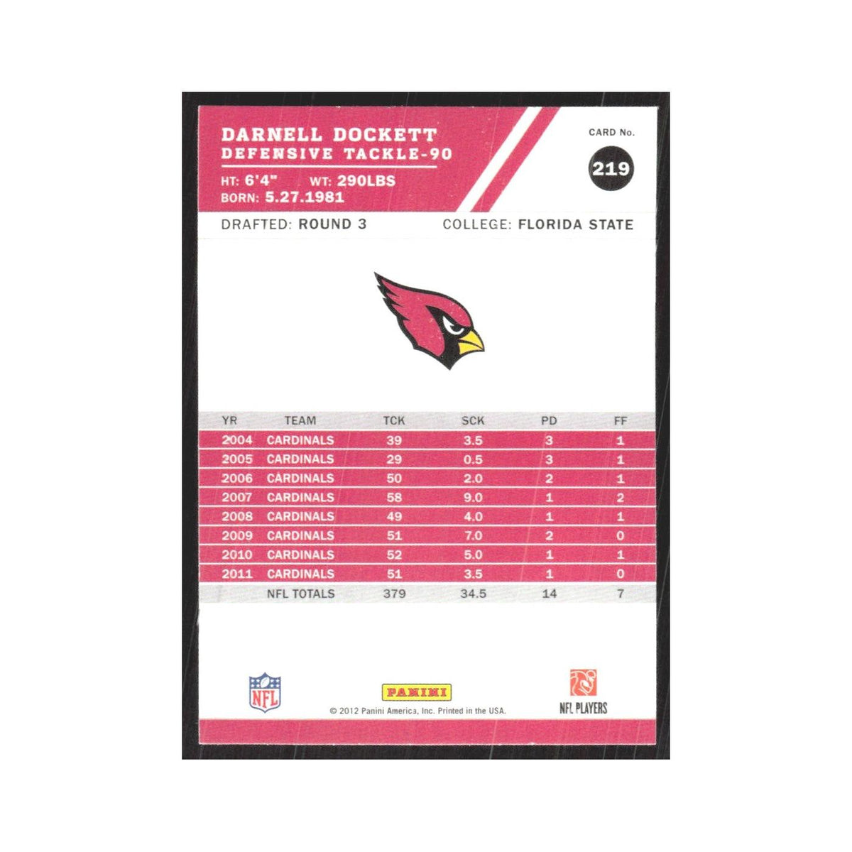 2012 Score Darnell Dockett Cardinals #219