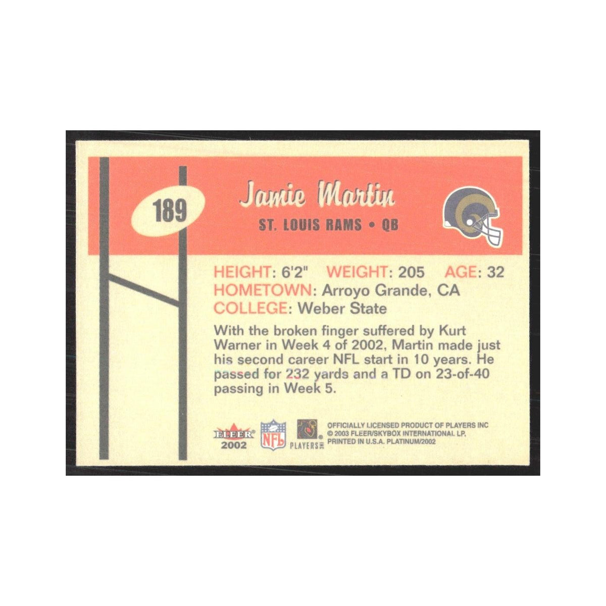 2002 Fleer Platinum Jamie Martin St. Louis Rams #189
