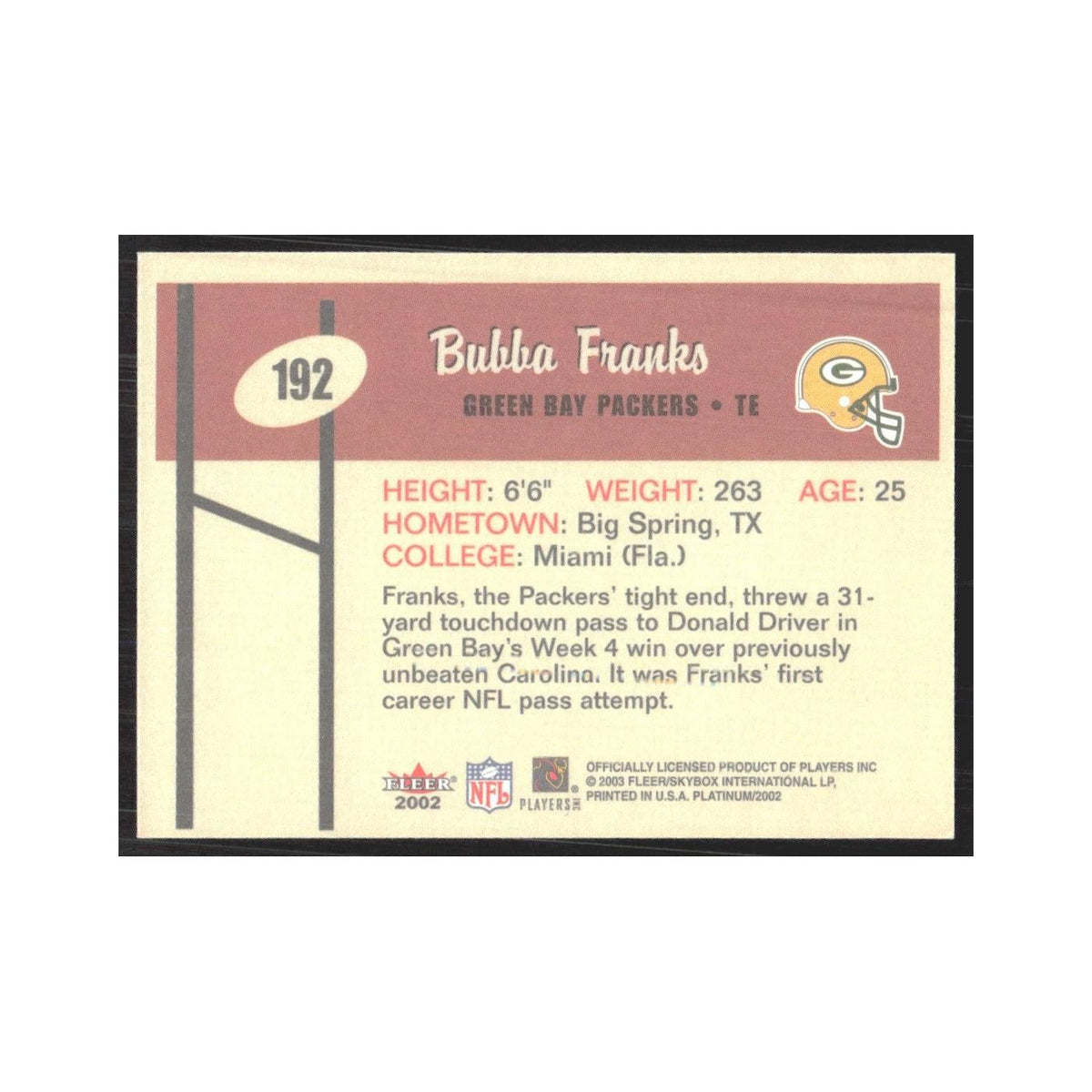 2002 Fleer Platinum Bubba Franks Packers #192