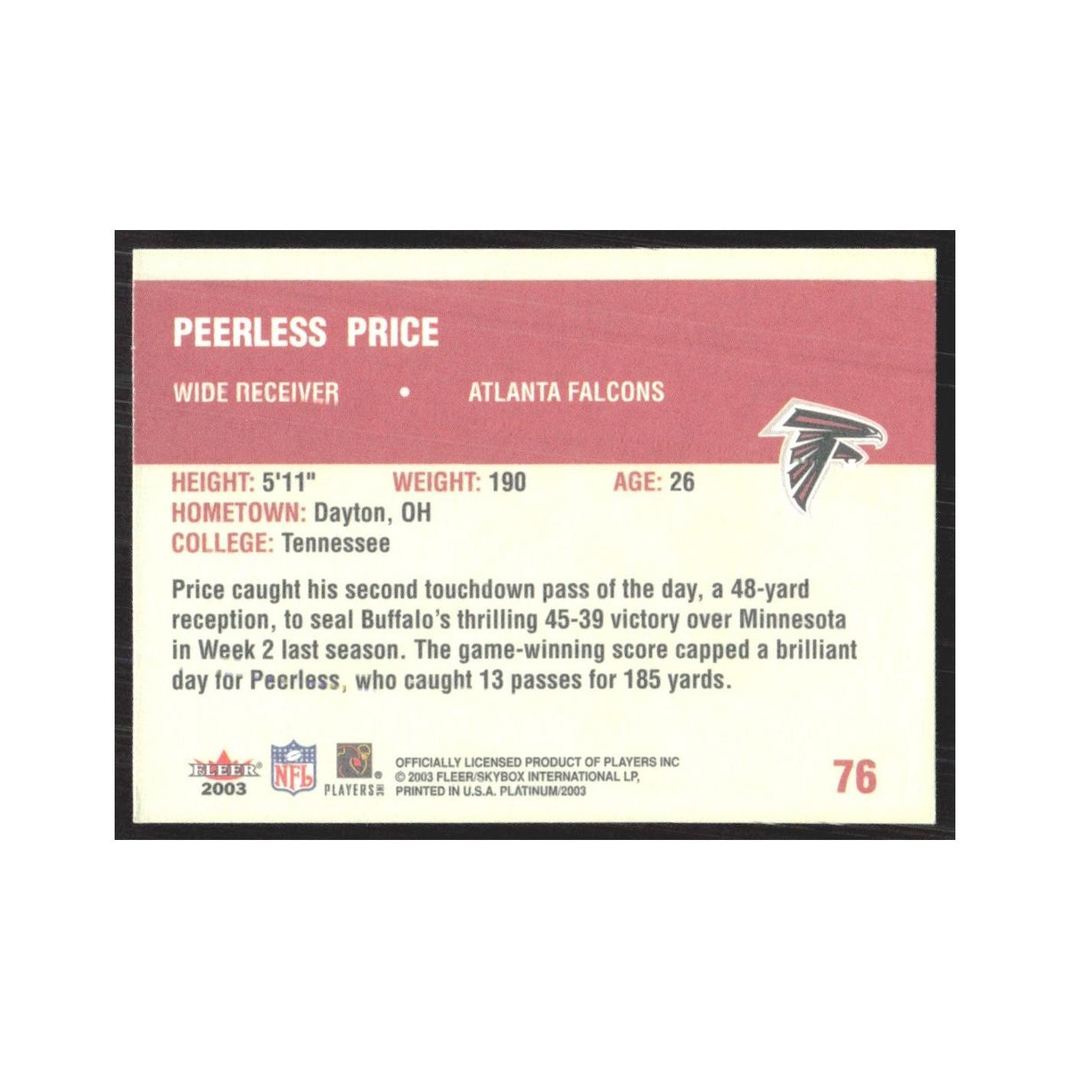 2002 Fleer Platinum Peerless Price Falcons #76