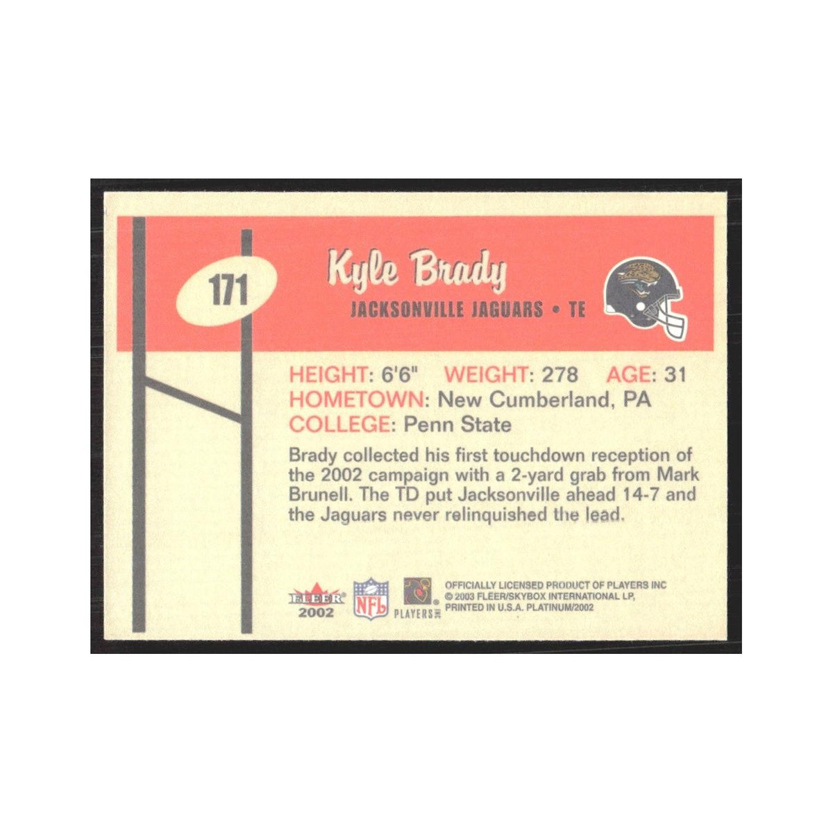 2002 Fleer Platinum Kyle Brady Jaguars #171