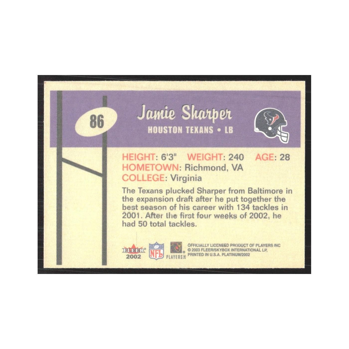 2002 Fleer Platinum Jamie Sharper Texans #86