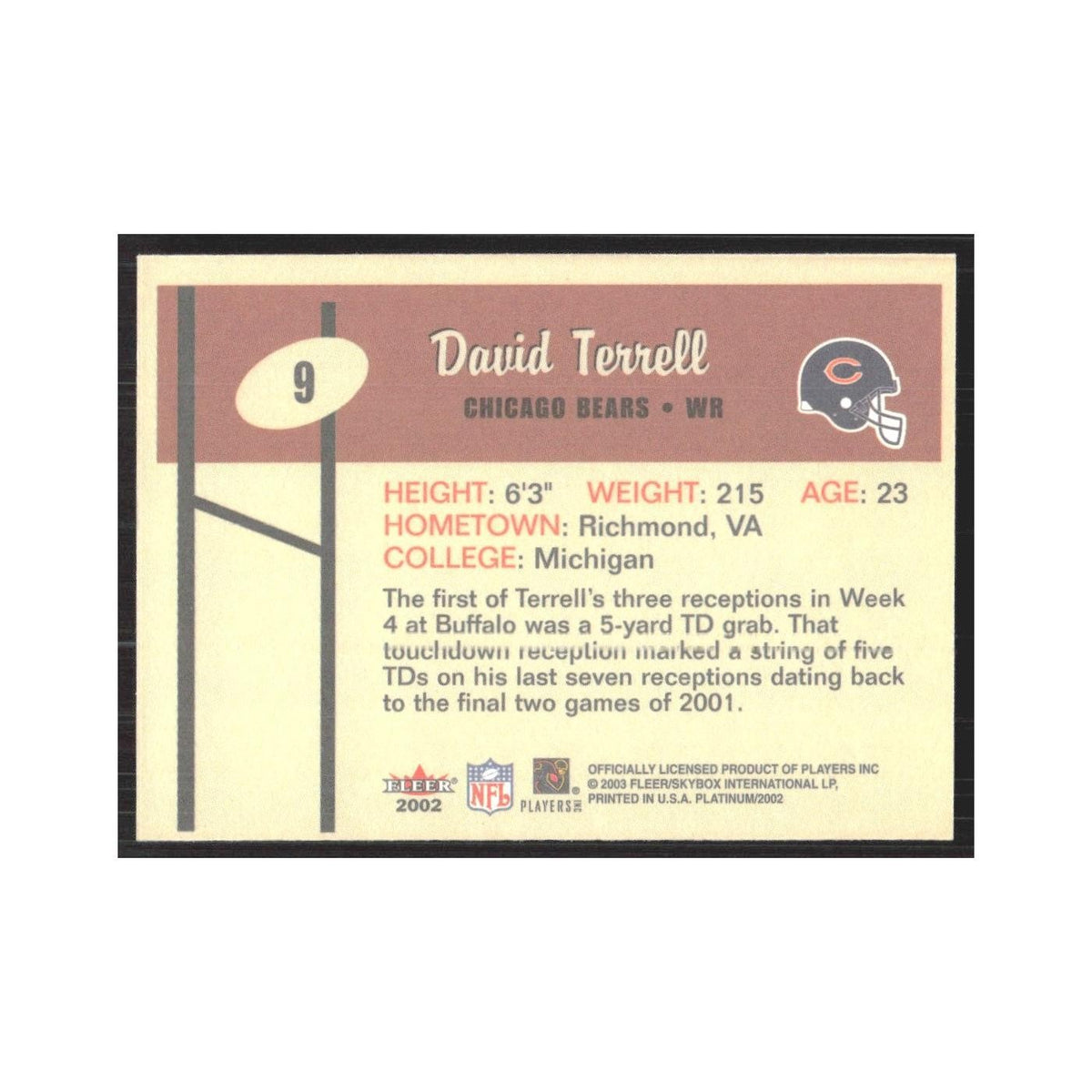 2002 Fleer Platinum David Terrell Bears #9