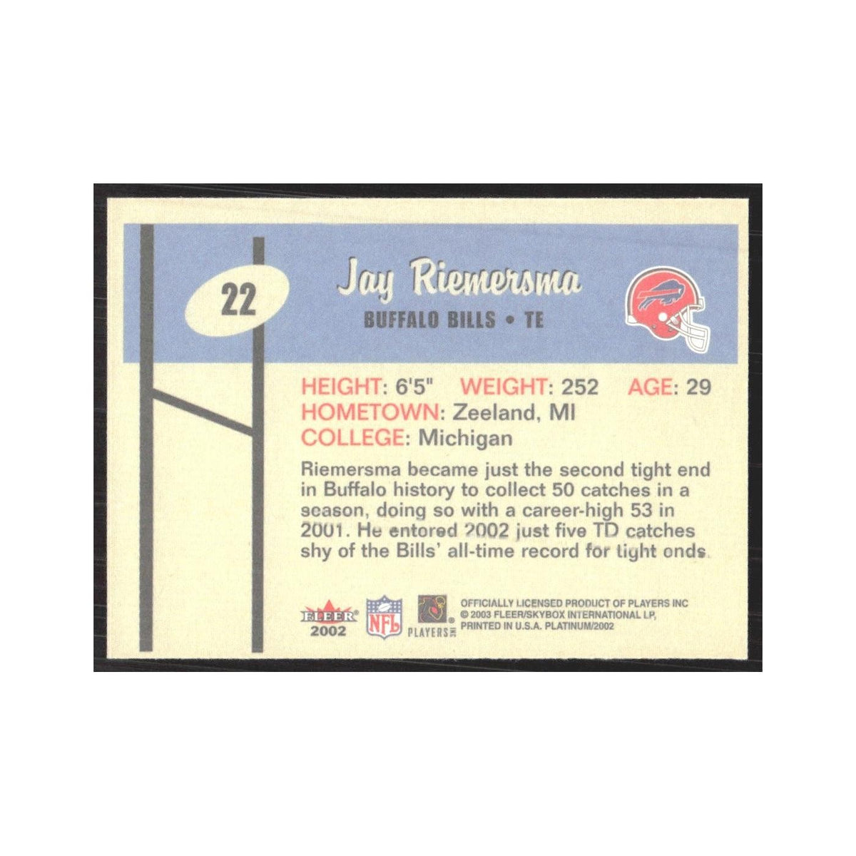 2002 Fleer Platinum Jay Riemersma Bills #22