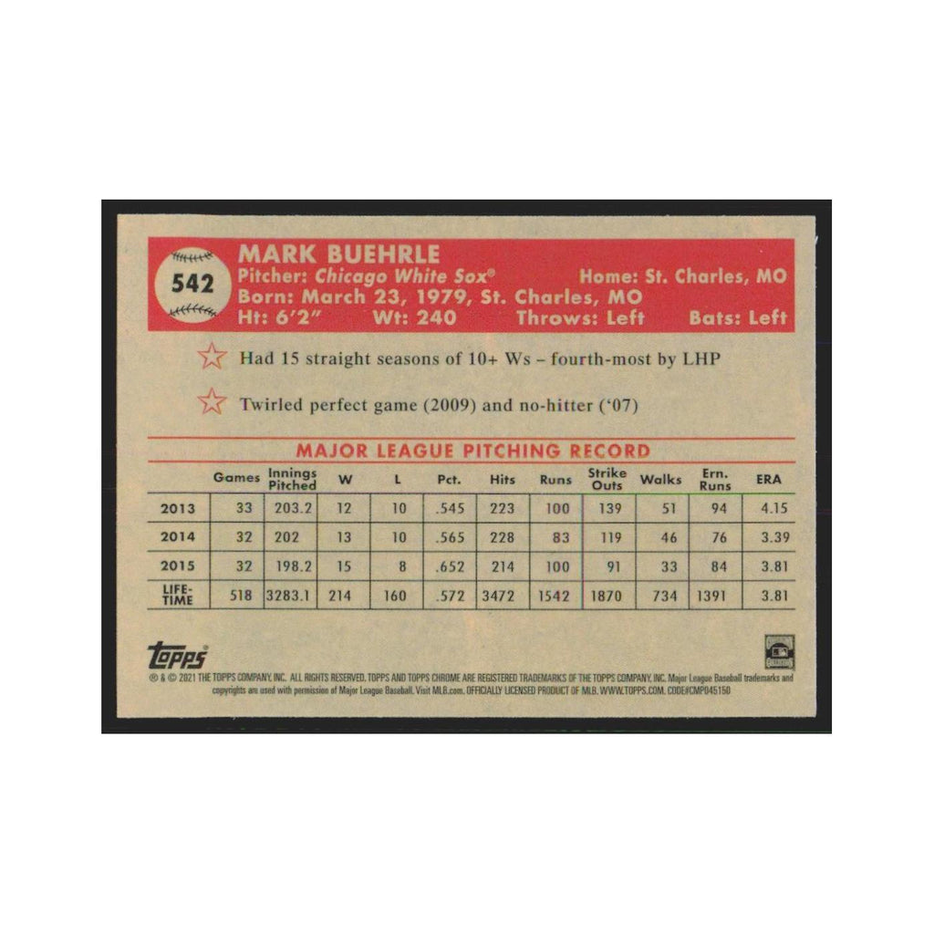 2021 Topps Chrome Mark Buehrle White Sox #542