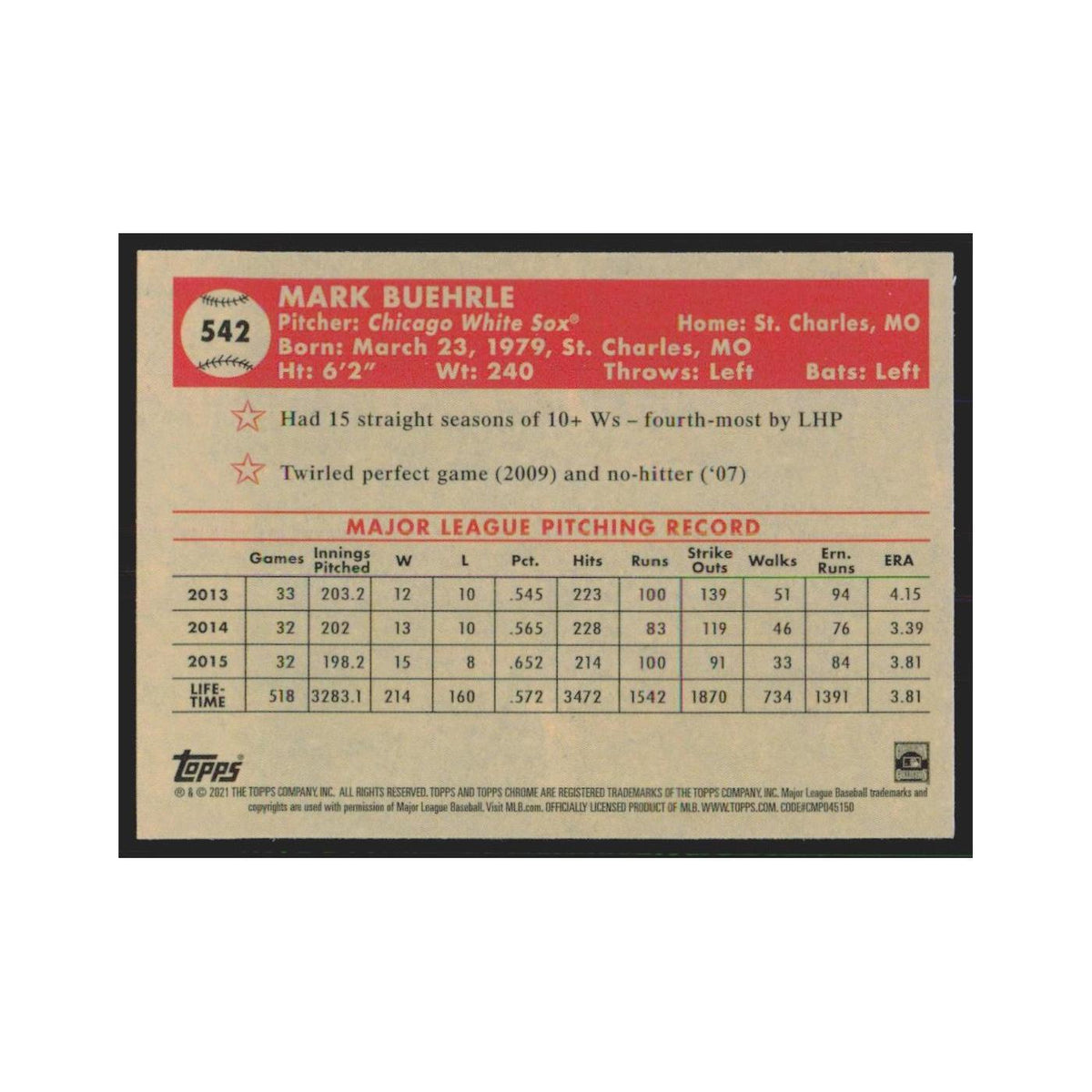 2021 Topps Chrome Mark Buehrle White Sox #542
