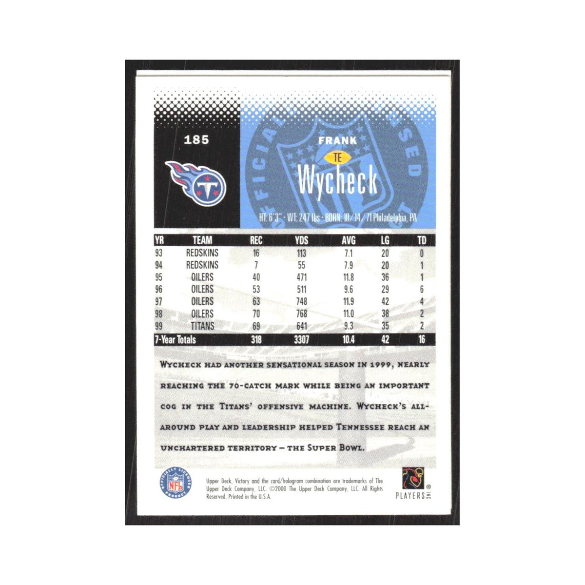 2000 Upper Deck Victory Frank Wycheck Titans #185