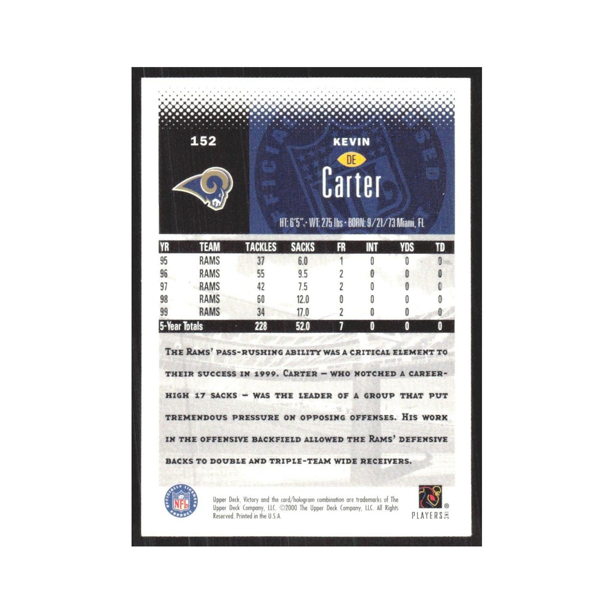 2000 Upper Deck Victory Kevin Carter St. Louis Rams #152