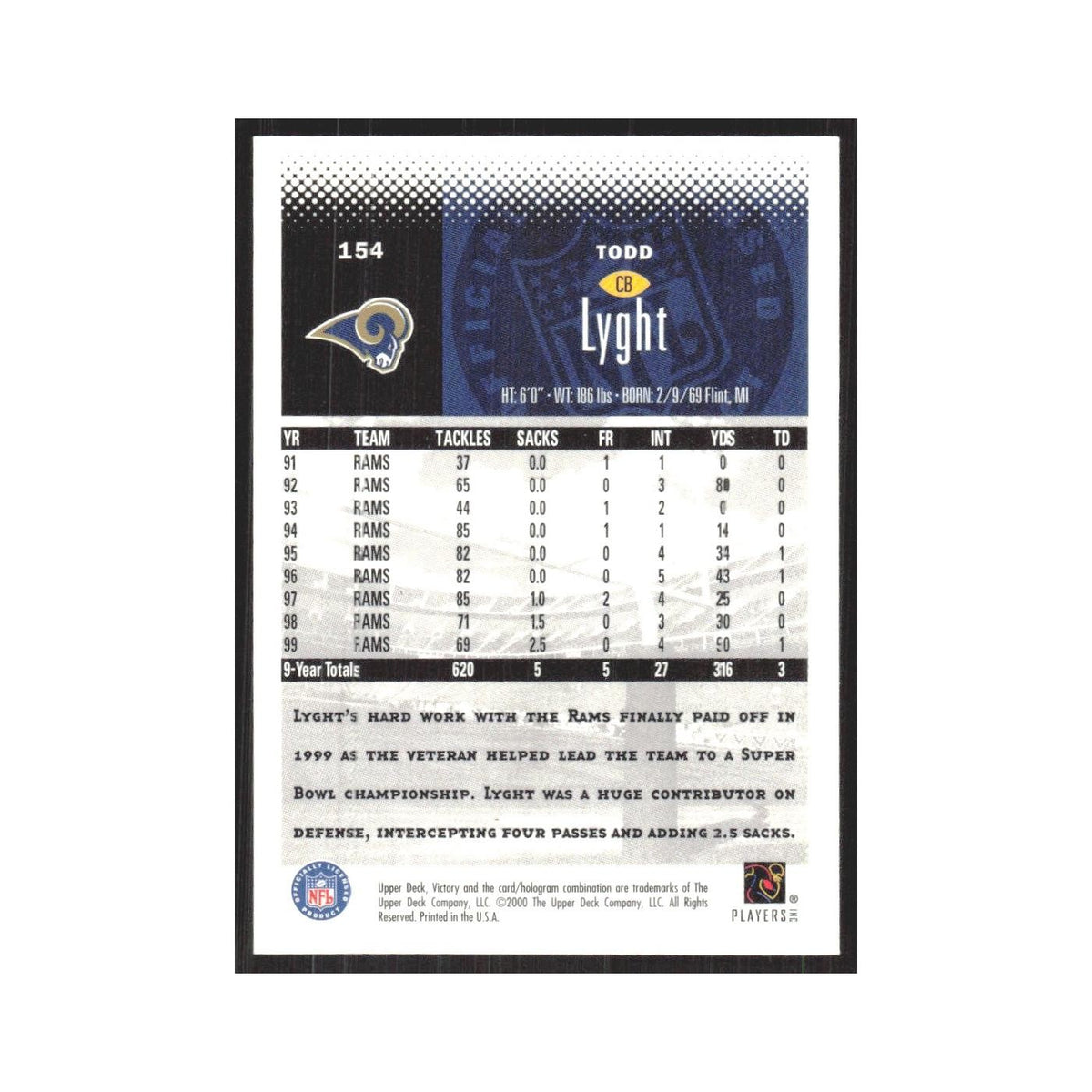 2000 Upper Deck Victory Todd Lyght St. Louis Rams #154