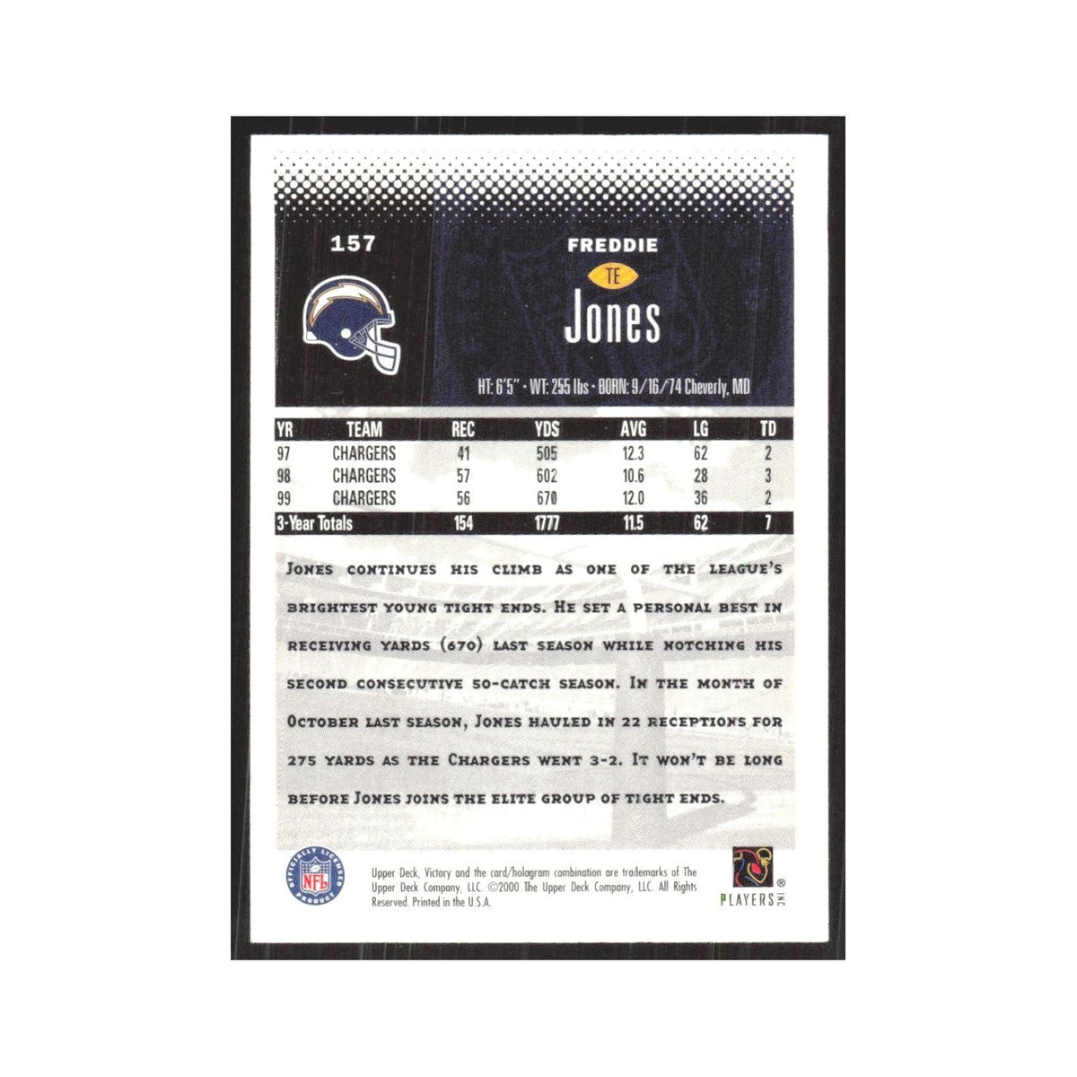 2000 Upper Deck Victory Freddie Jones San Diego Chargers #157