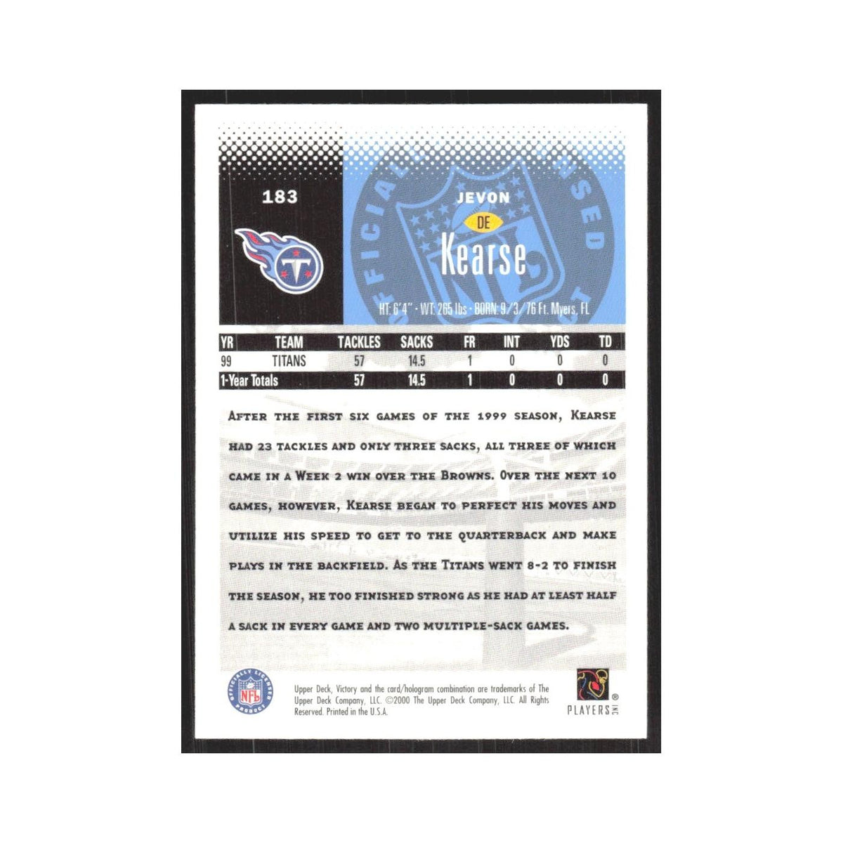 2000 Upper Deck Victory Jevon Kearse Titans #183