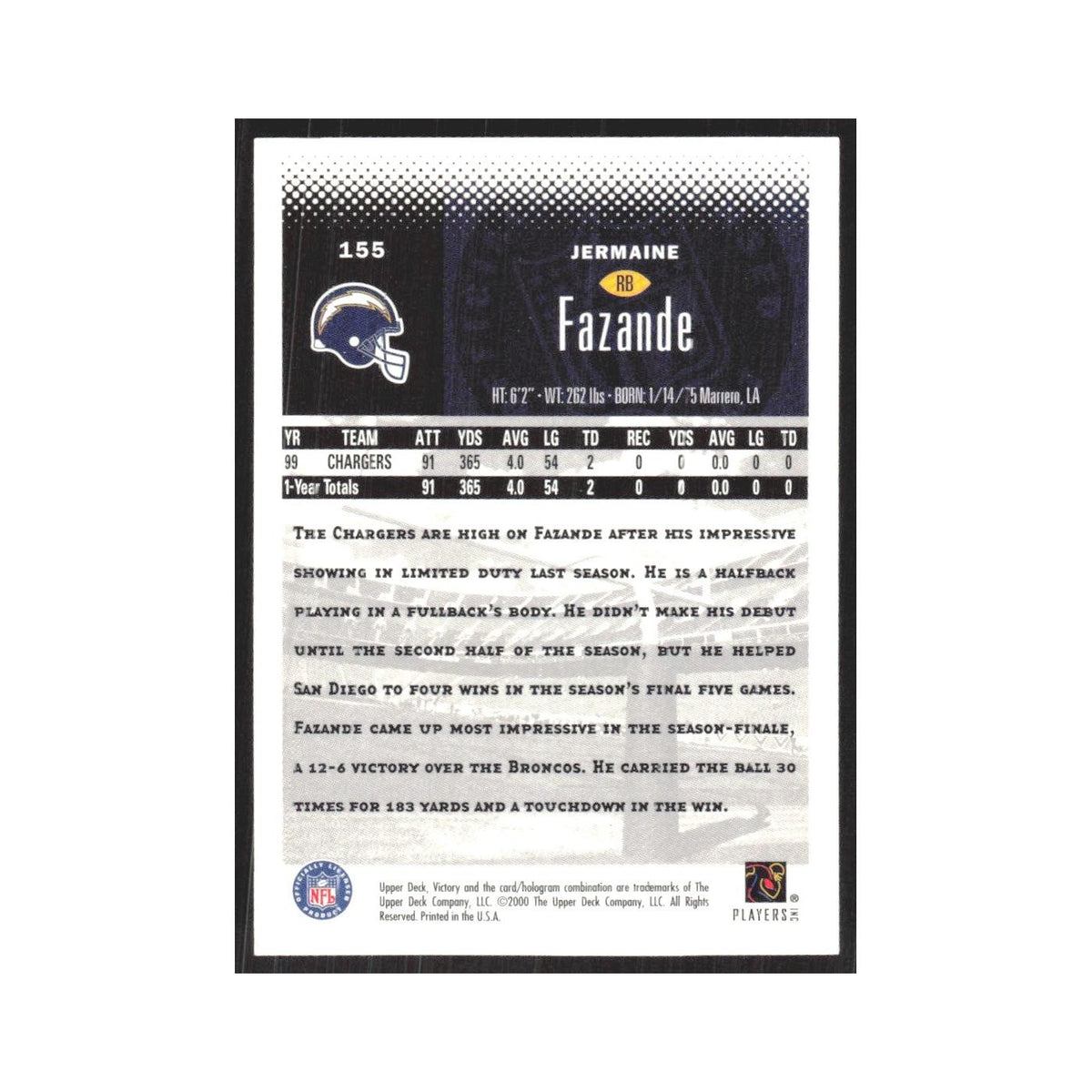 2000 Upper Deck Victory Jermaine Fazande San Diego Chargers #155