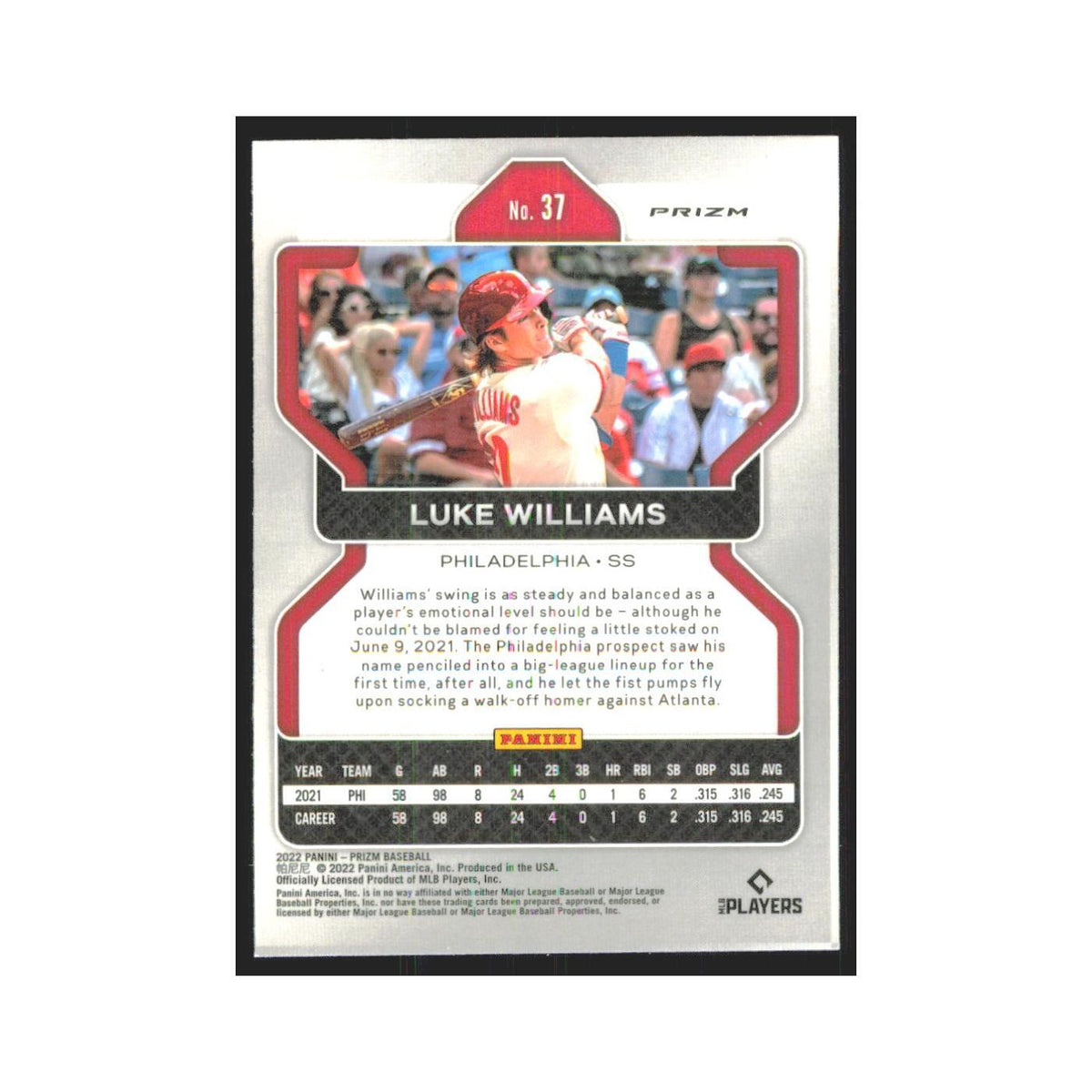 2022 Panini Prizm Silver Luke Williams RC Phillies #37