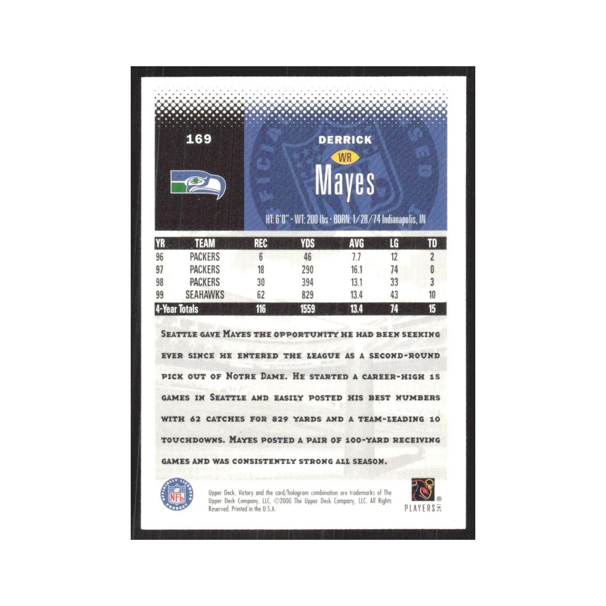 2000 Upper Deck Victory Derrick Mayes Seahawks #169