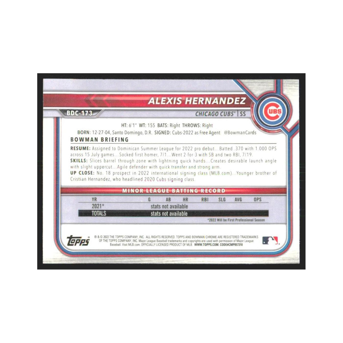 2022 Bowman Draft Chrome Alexis Hernandez Cubs #BDC-173