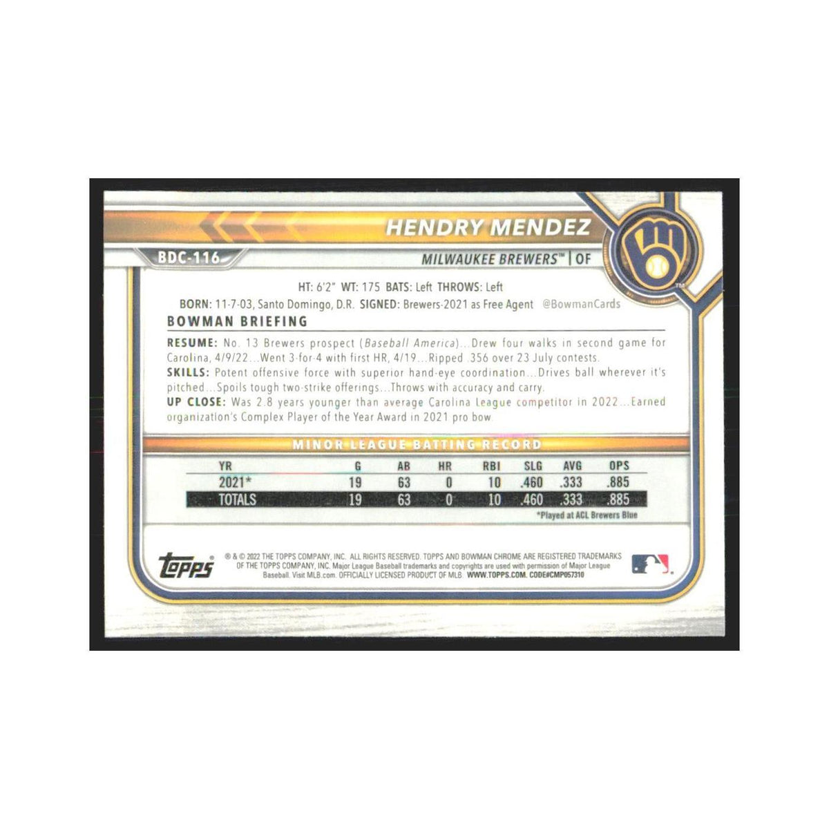 2022 Bowman Draft Chrome Hendry Mendez Brewers #BDC-116