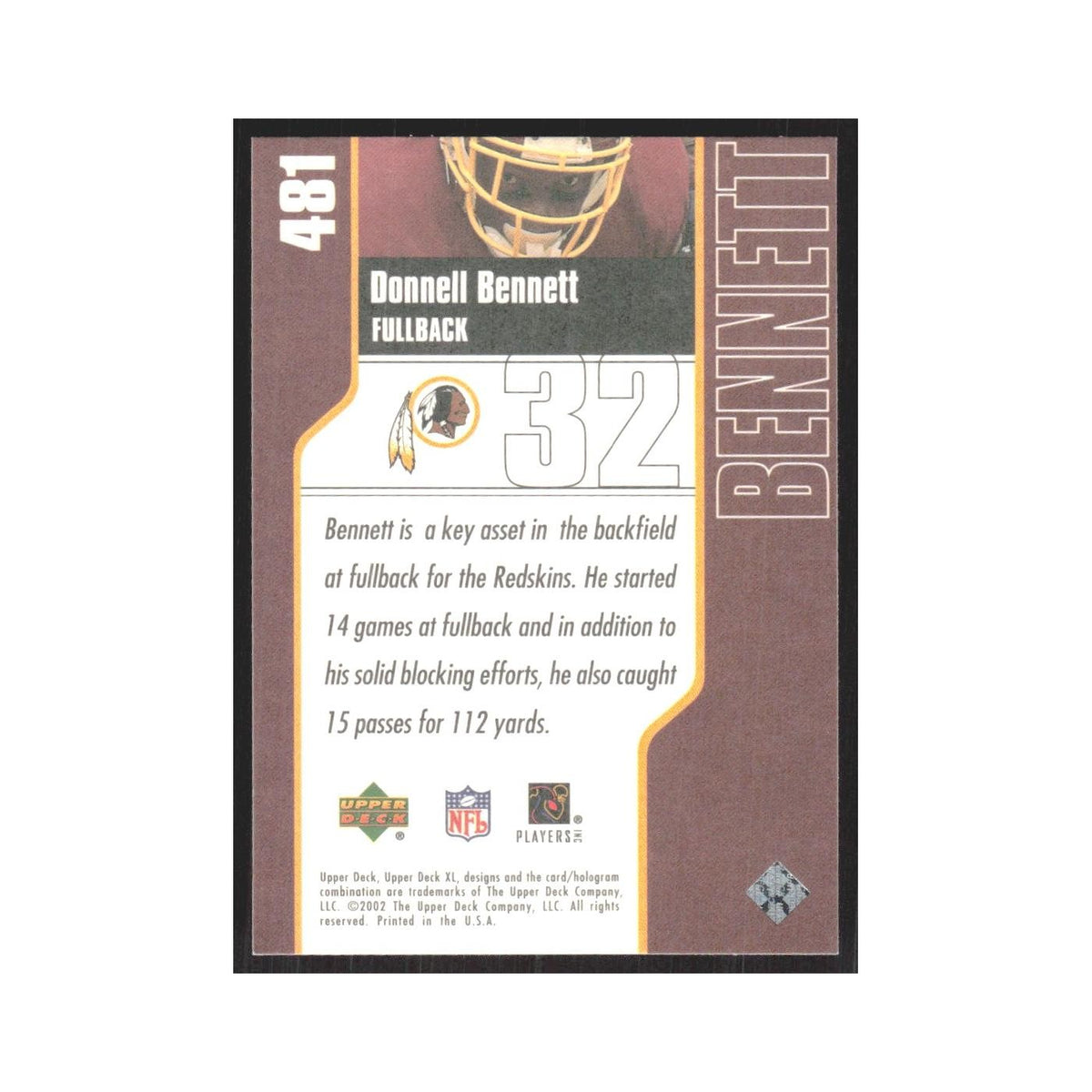 2002 Upper Deck XL Donnell Bennett Redskins #481