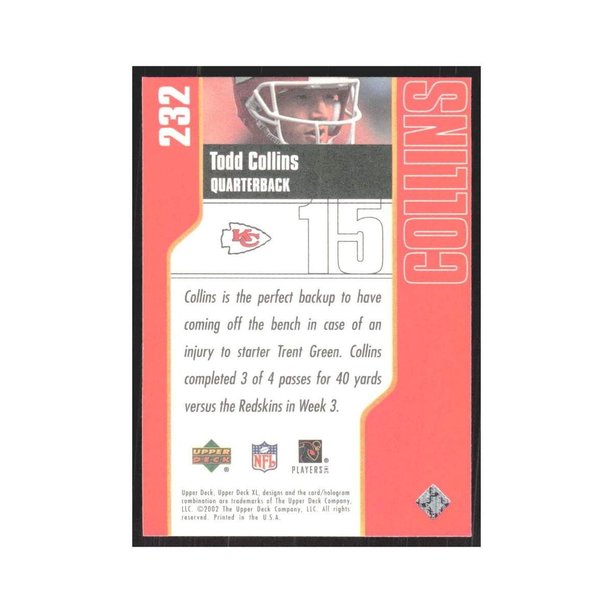 2002 Upper Deck XL Todd Collins Chiefs #232