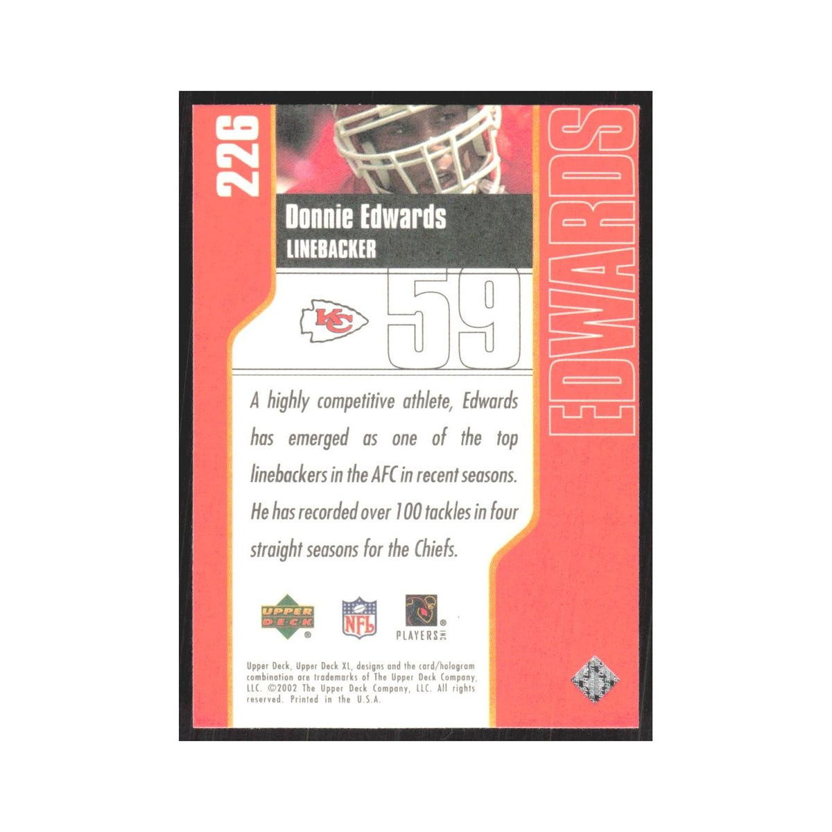 2002 Upper Deck XL Donnie Edwards Chiefs #226