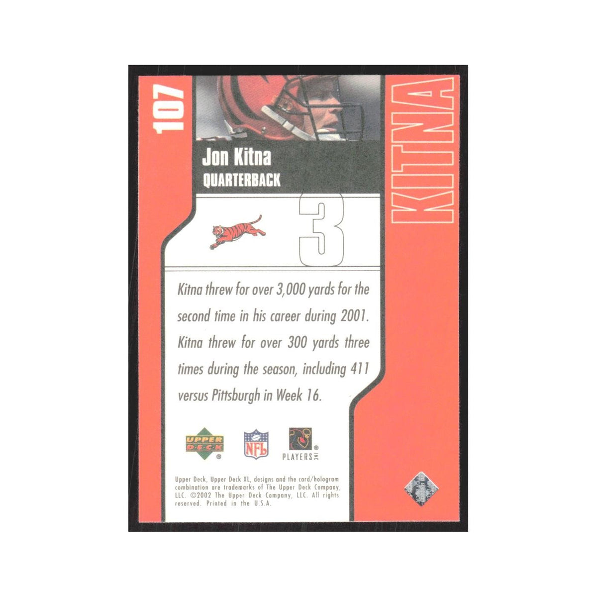 2002 Upper Deck XL Jon Kitna Bengals #107