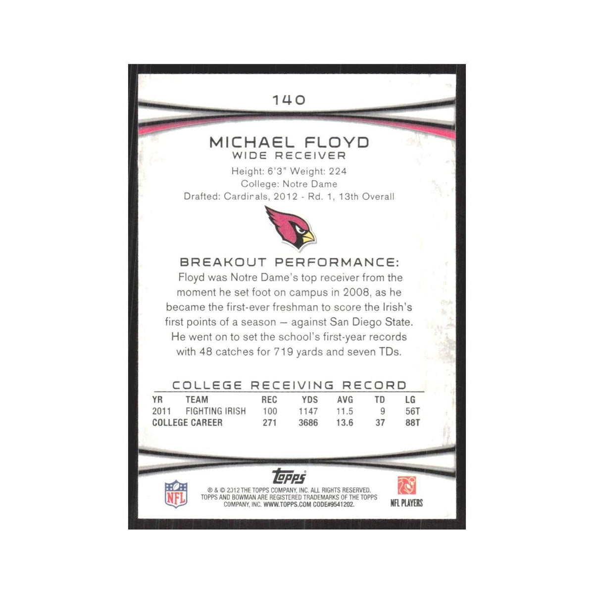 2012 Bowman Michael Floyd RC Cardinals #140
