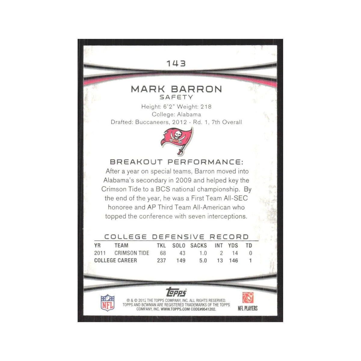 2012 Bowman Mark Barron RC Buccaneers #143