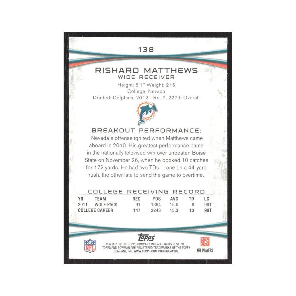 2012 Bowman Rishard Matthews RC Dolphins #138