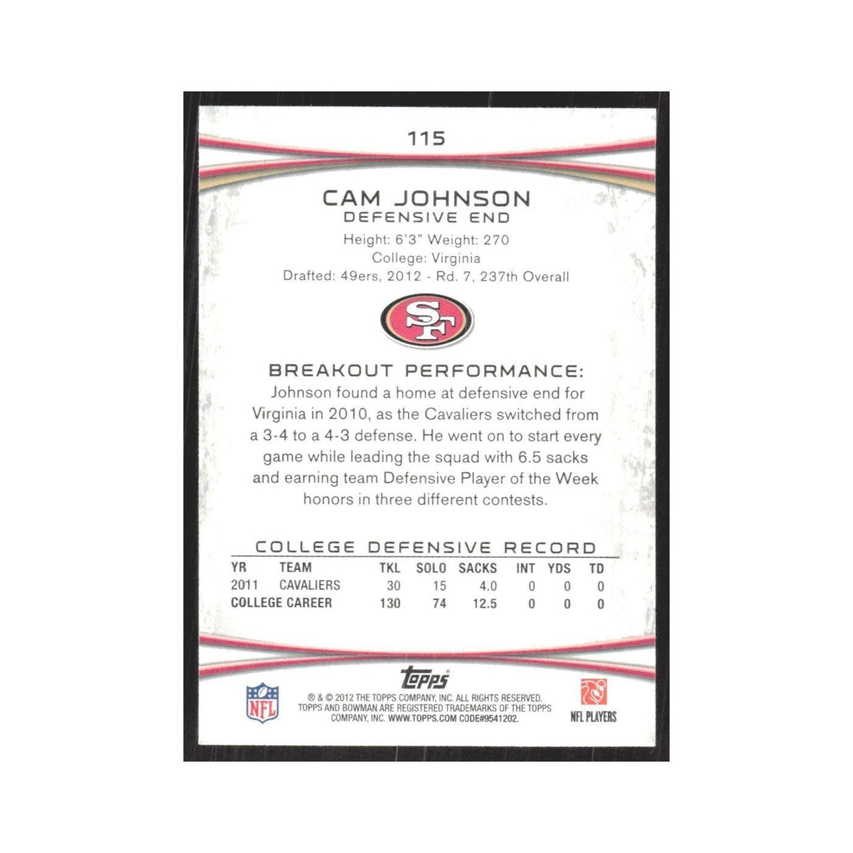 2012 Bowman Cam Johnson RC 49ers #115