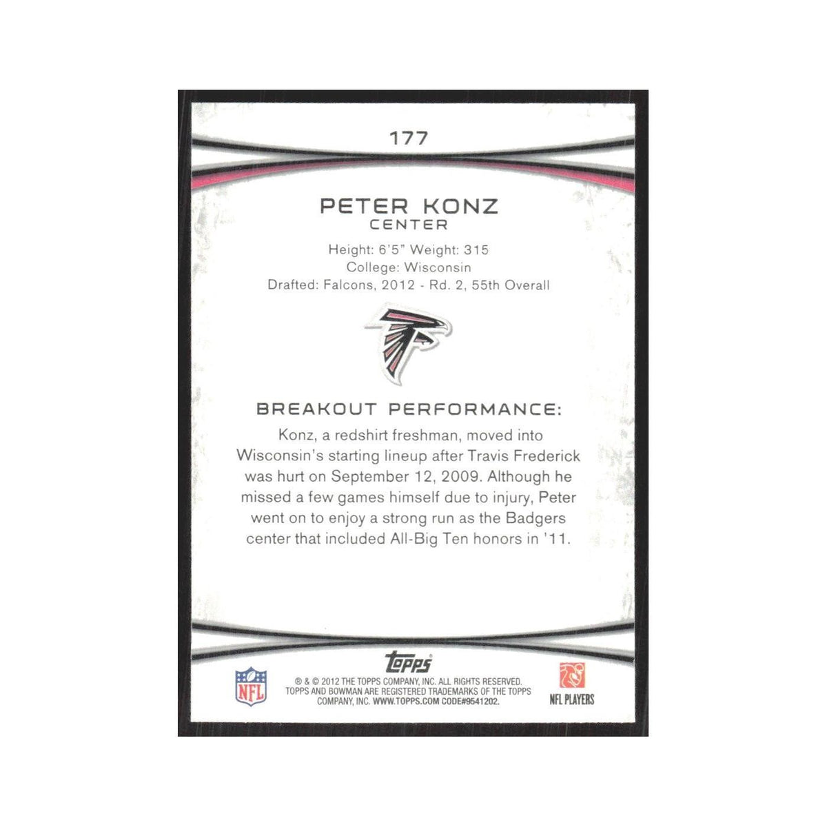 2012 Bowman Peter Konz RC Falcons #177