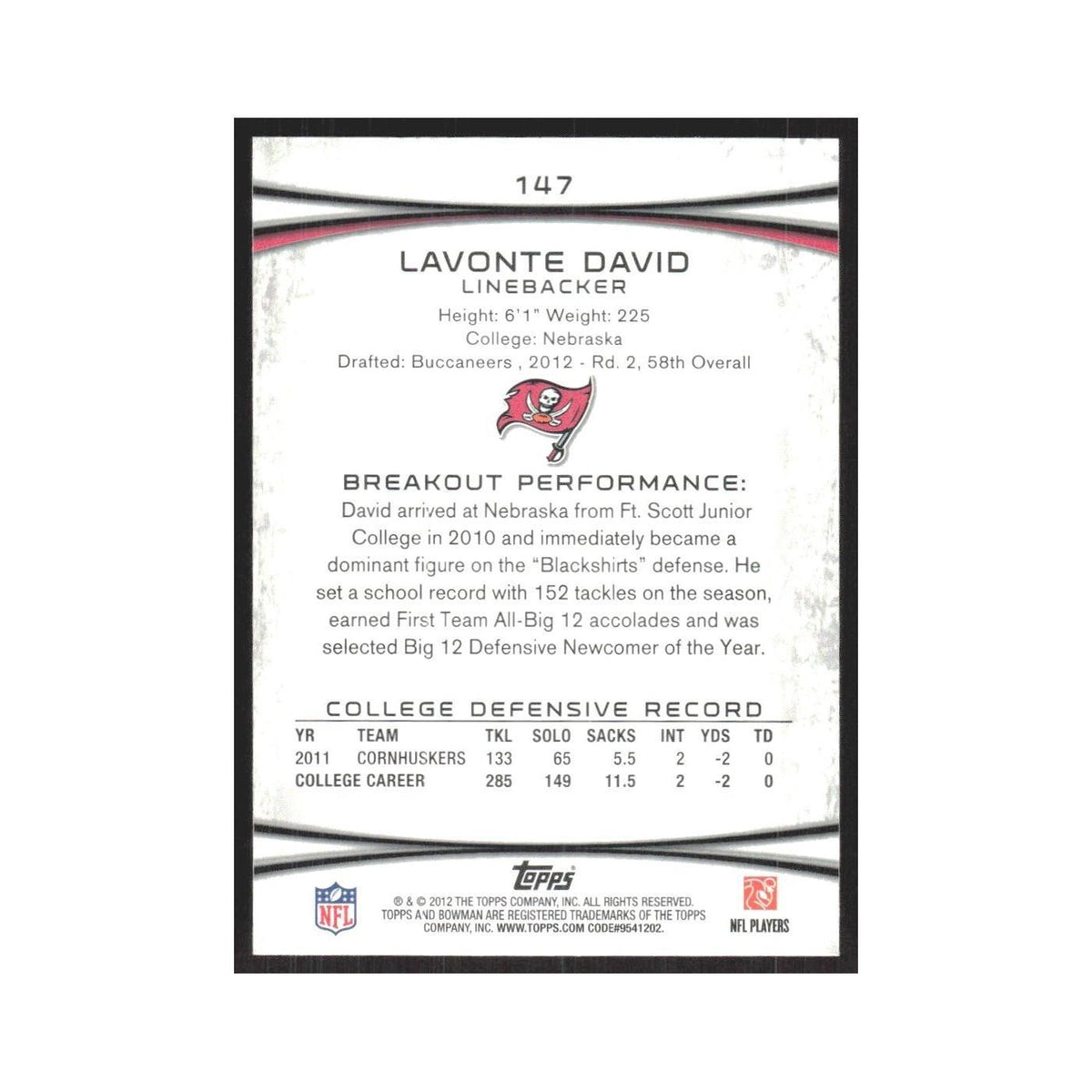 2012 Bowman Lavonte David RC Buccaneers #147