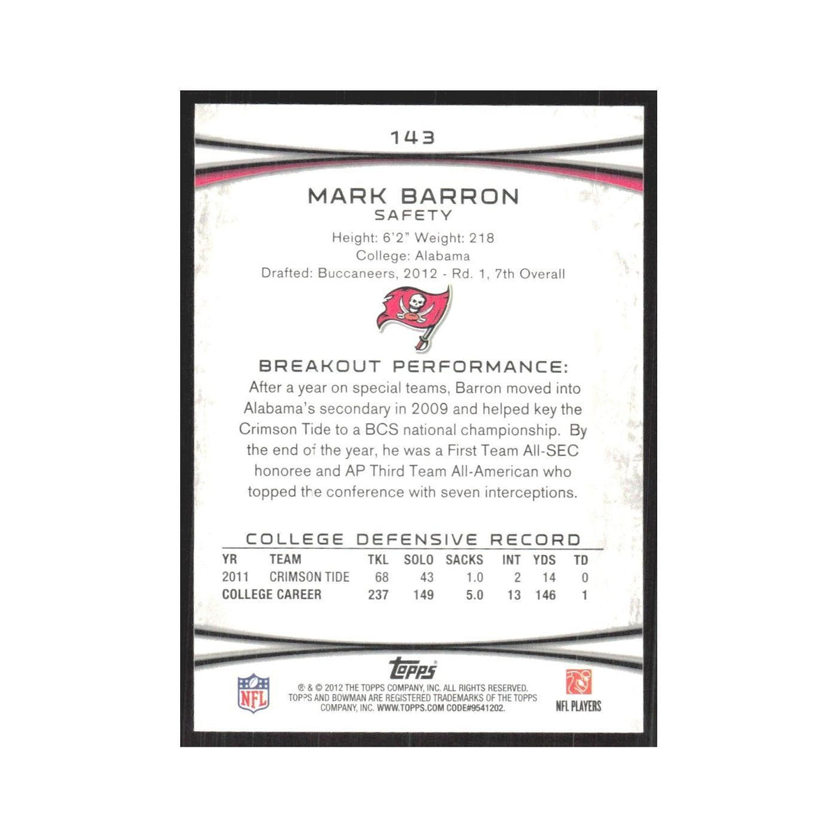 2012 Bowman Mark Barron RC Buccaneers #143