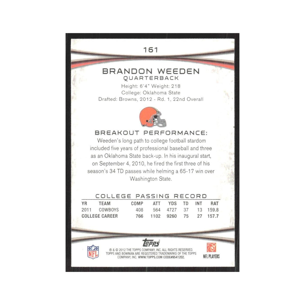 2012 Bowman Brandon Weeden RC Browns #161