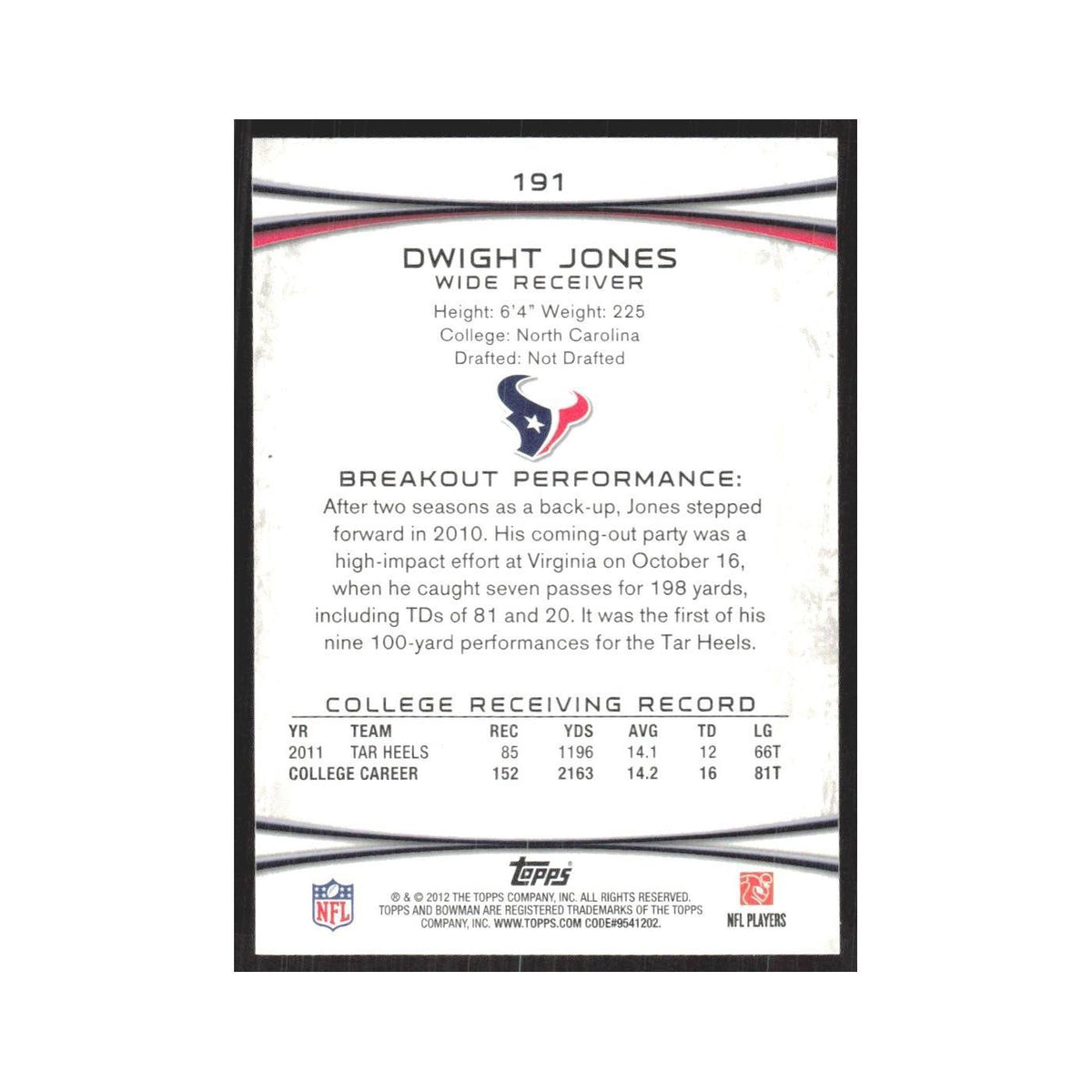 2012 Bowman Dwight Jones RC Texans #191