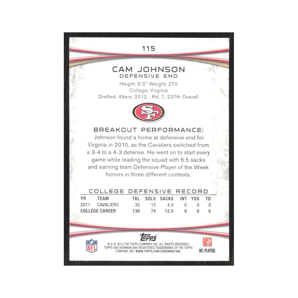 2012 Bowman Cam Johnson RC 49ers #115