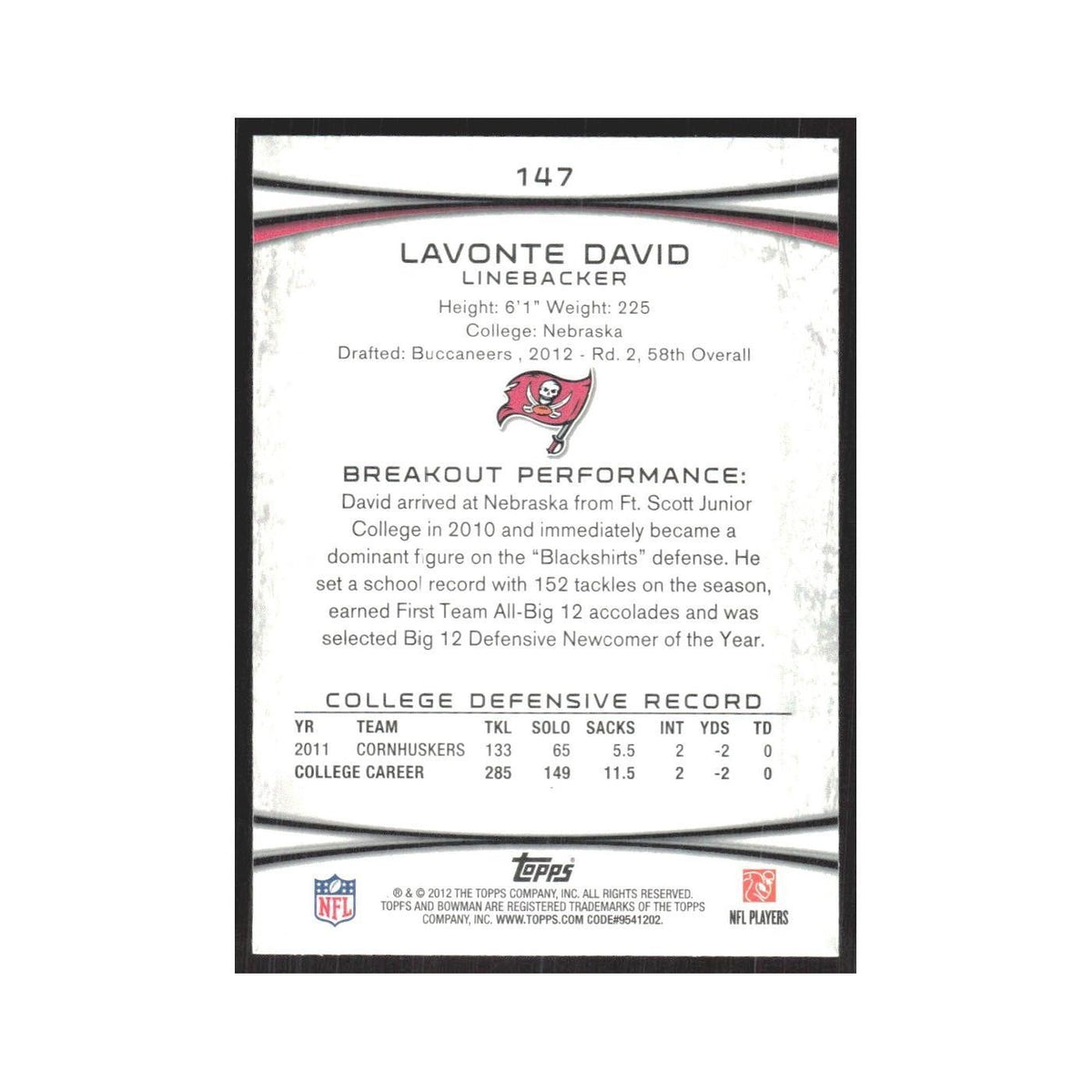 2012 Bowman Lavonte David RC Buccaneers #147